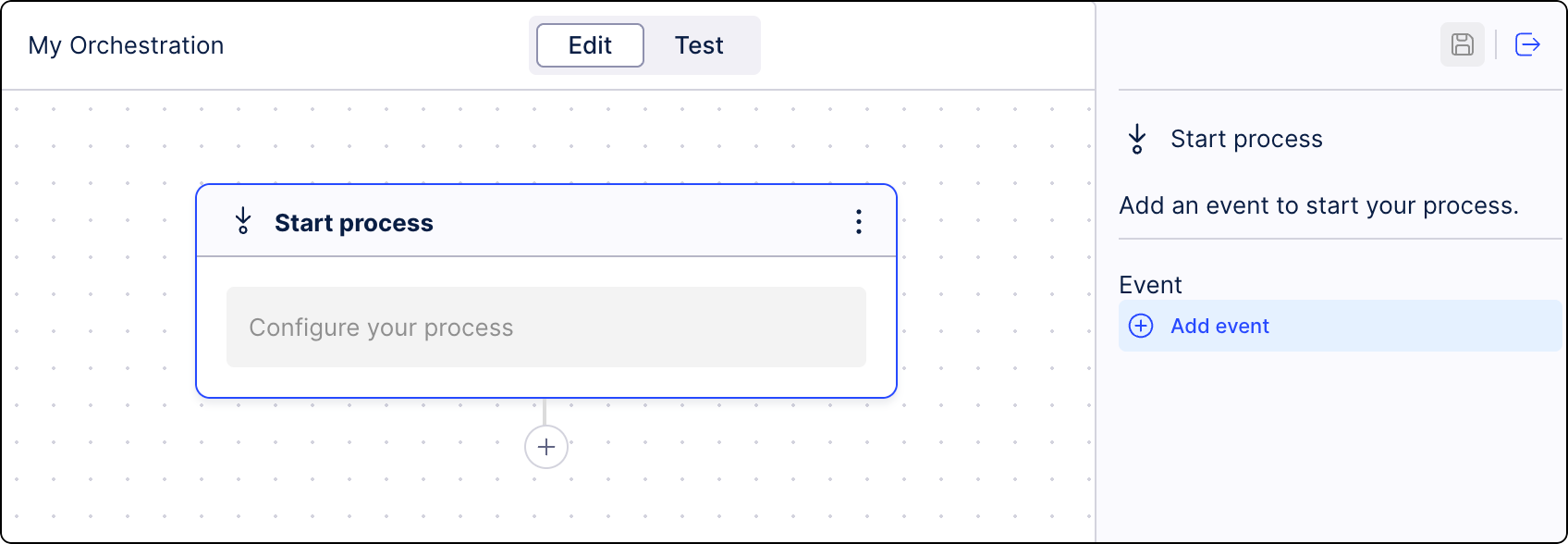 Process Orchestration workflow with a Start process step added and the Add event option showed.