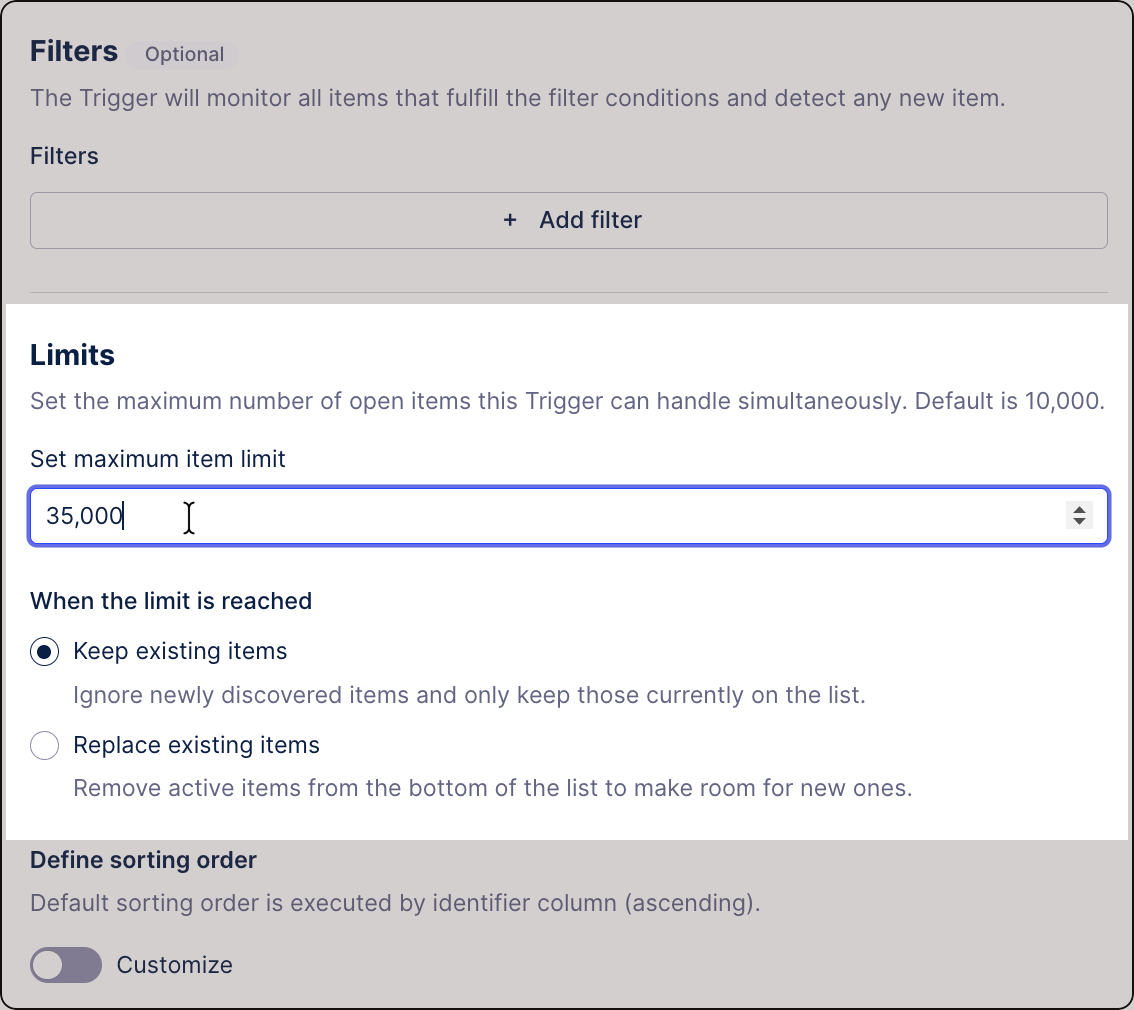Trigger creator window with the limits setting highlighted. The limit is set to 35,000 items.