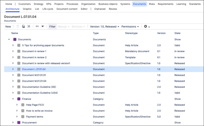 A screenshot showing document objects in Process Designer.