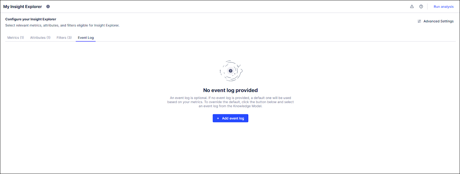 Screenshot of an empty Event log tab for an Insight Explorer.