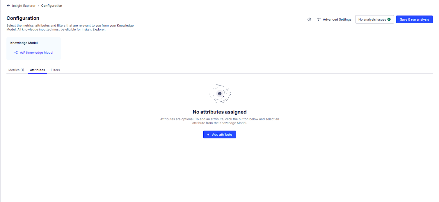 Screenshot of the Attributes tab of the Configuration screen before any attributes have been added to this Insight Explorer.