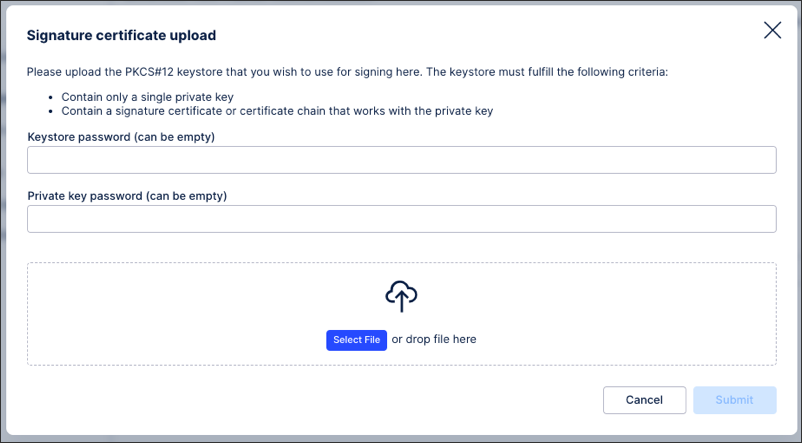 A screenshot showing how to upload your e-mail signature KPCS keystore certificate.