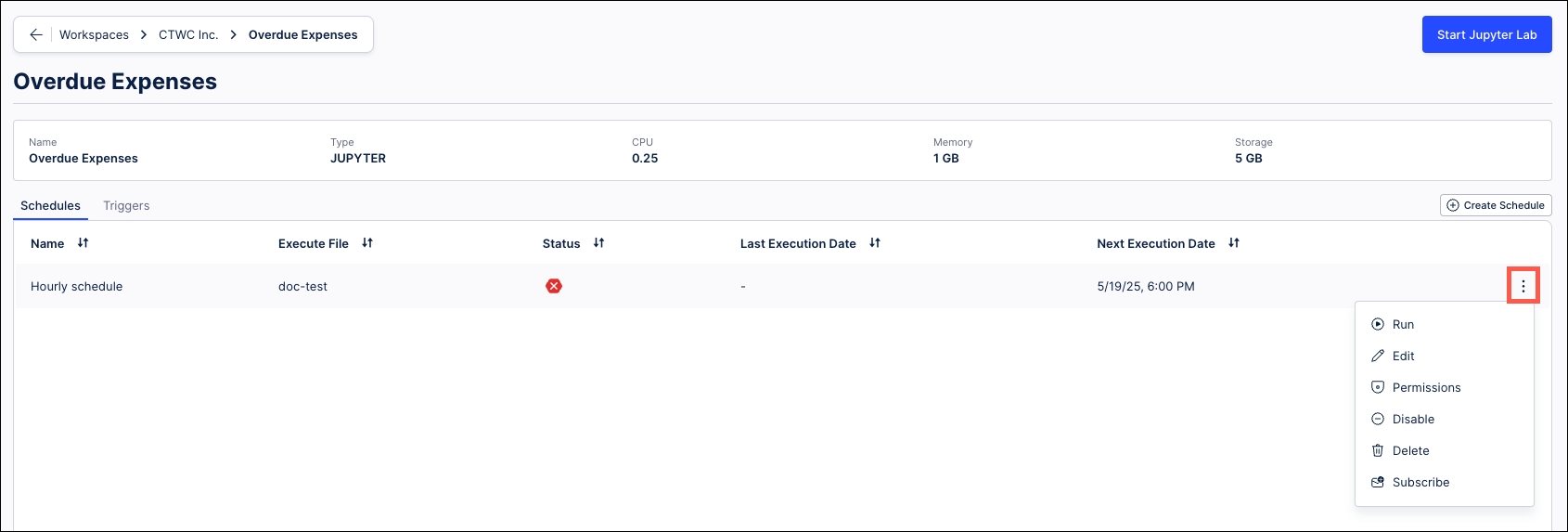 Screenshot of a schedule screen for a workbook with the three dot menu highlighted.
