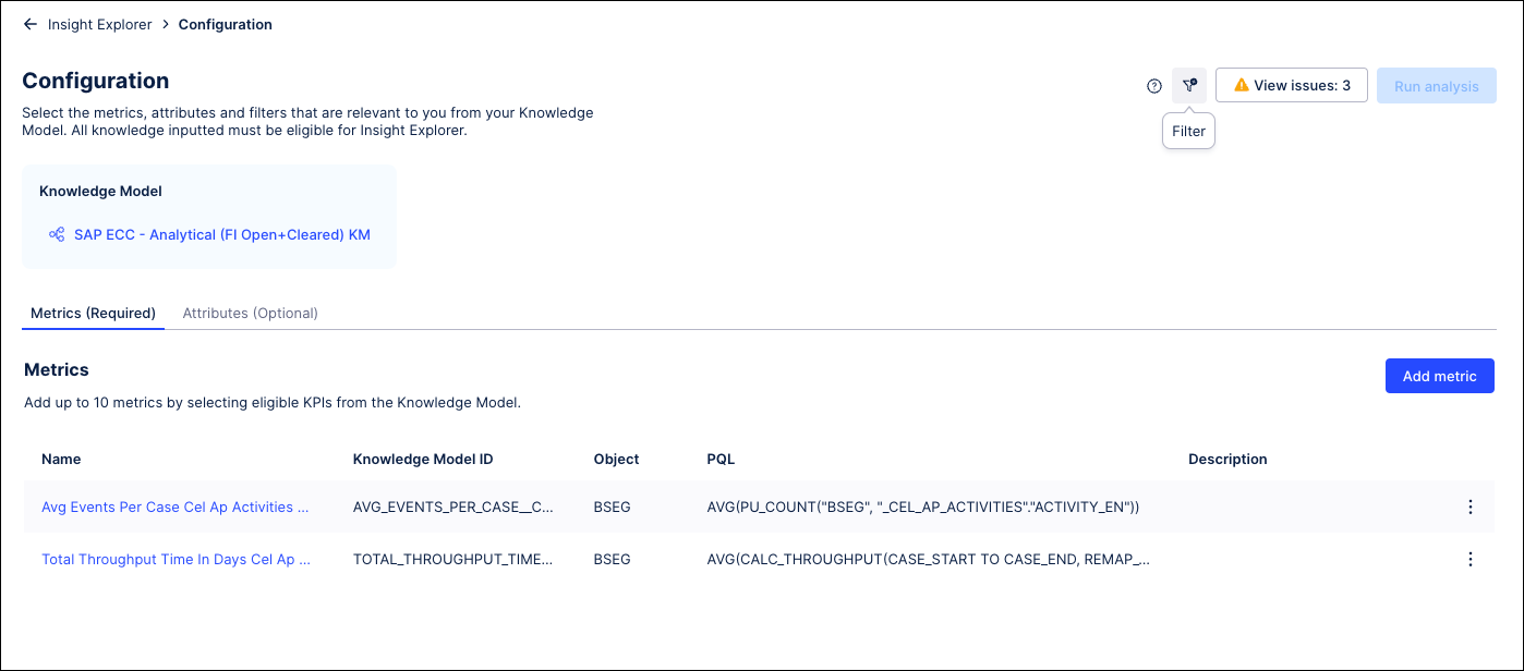 Screenshot of the Insight Explorer configuration screen with the Filter icon highlighted.