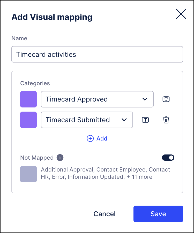 Screenshot of the Add Visual mapping window where users can apply custom colors to specific activities.