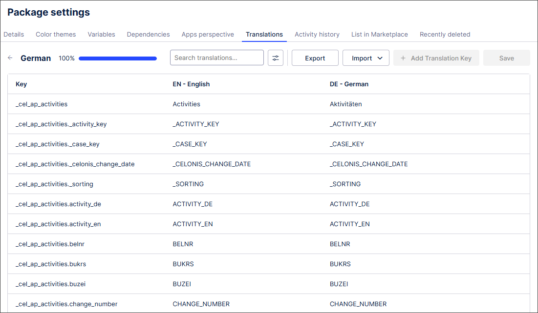 Import translations from Data Model screen showing the translation keys and the English and German translations for each