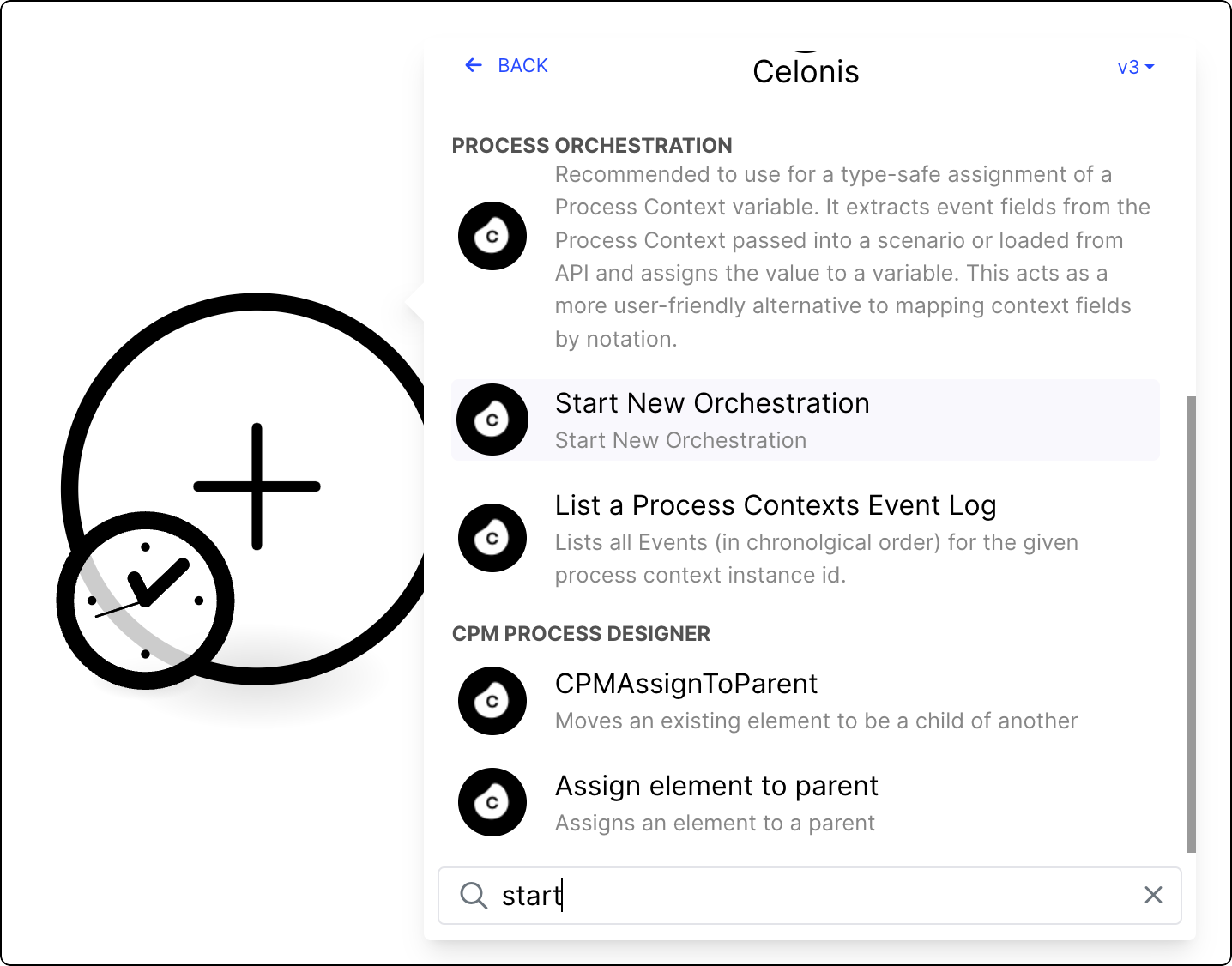 List of Action Flow modules with the Start New Orchestration module selected.