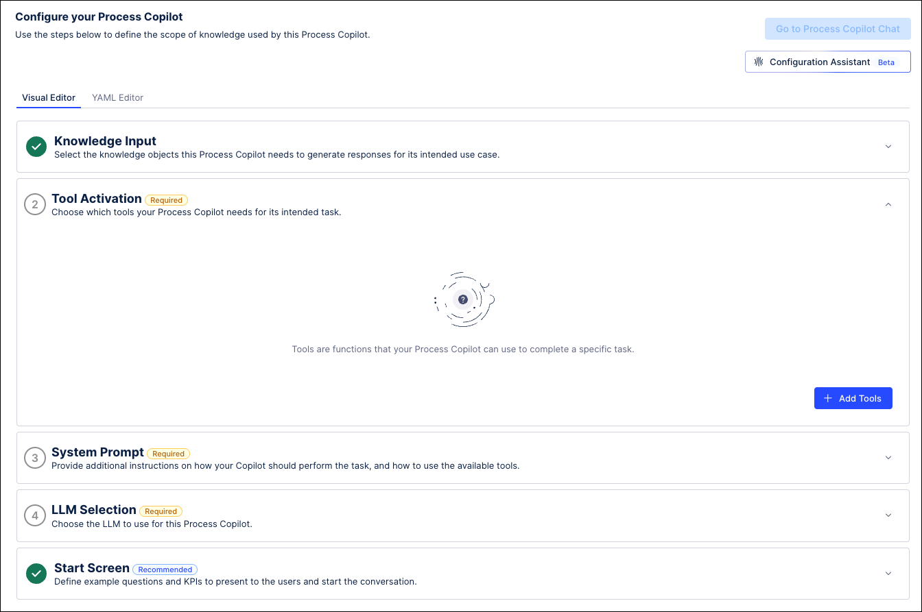 Screenshot of the Tool Activation section of the Process Copilot configuration process with no tools assigned.