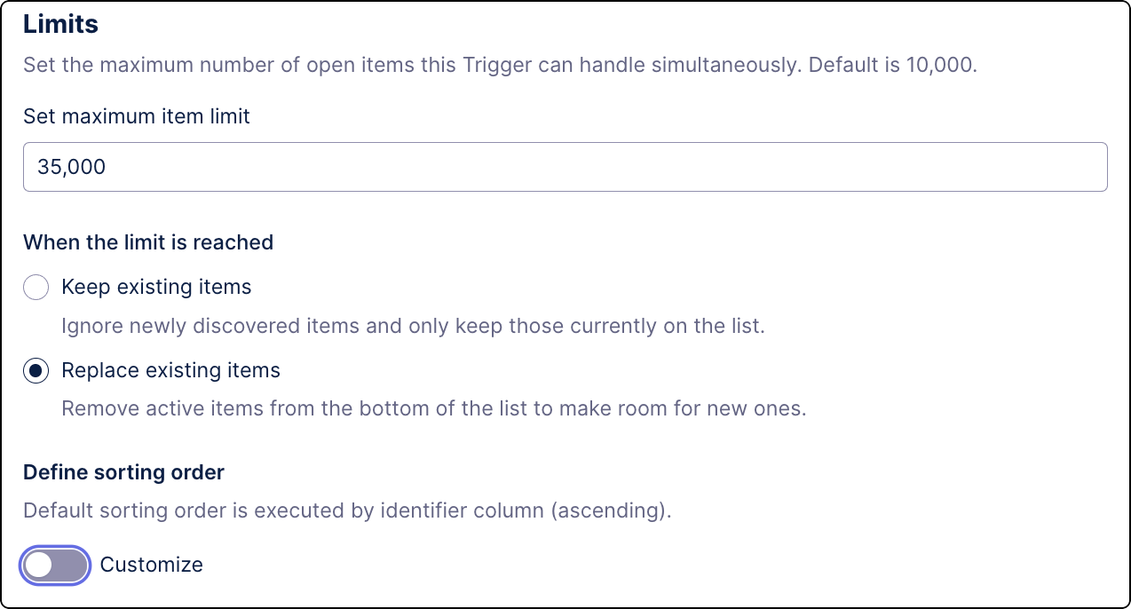 Item limits setting for Data Model Triggers. There limit is set 35,000 items.