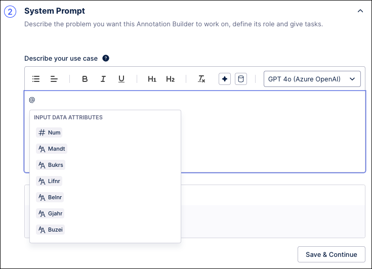 Screenshot showing an example of using placeholders when creating the instructions for a System Prompt.