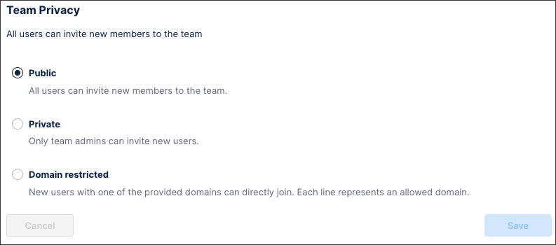 Screenshot showing the three team privacy options - public, private, and domain restricted.