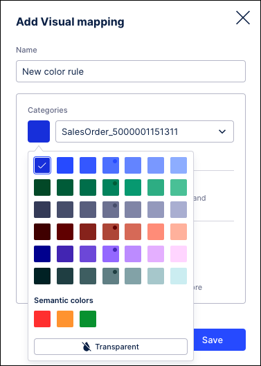Screenshot showing the Add Visual mapping window with the color selection dropdown expanded.