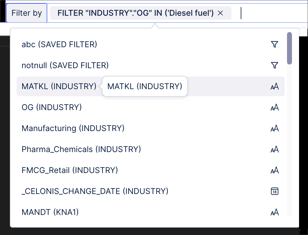 Screenshot showing the old filter options within PQL editor