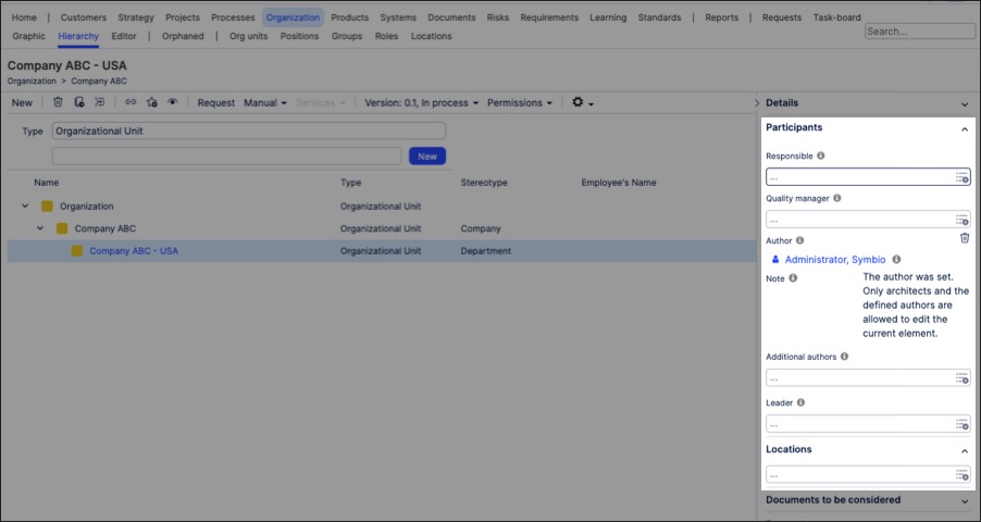 A screenshot showing how to create organizational objects in Process Designer.