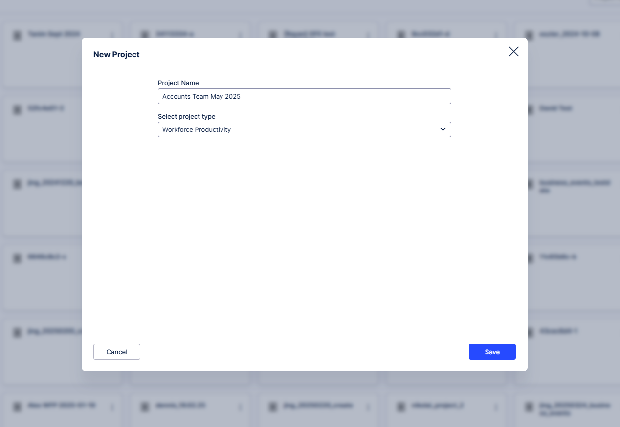 New Project screen showing Project Name and Select project type fields.