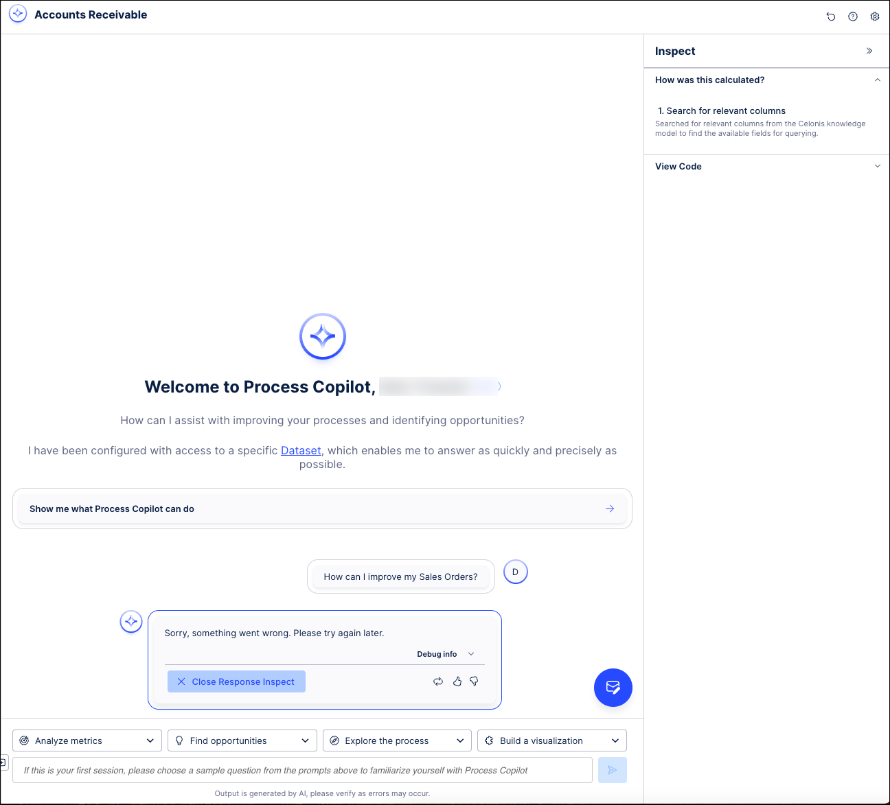 Screenshot showing a sample response to a question in a Process Copilot.