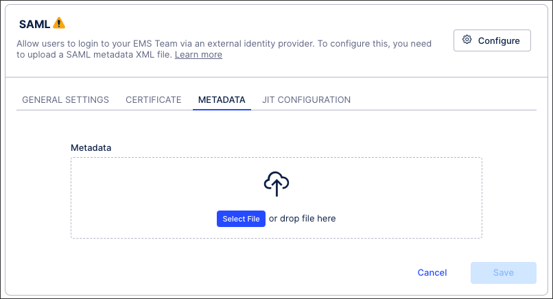 A screenshot showing how to upload metadata when configuring your SAML SSO.