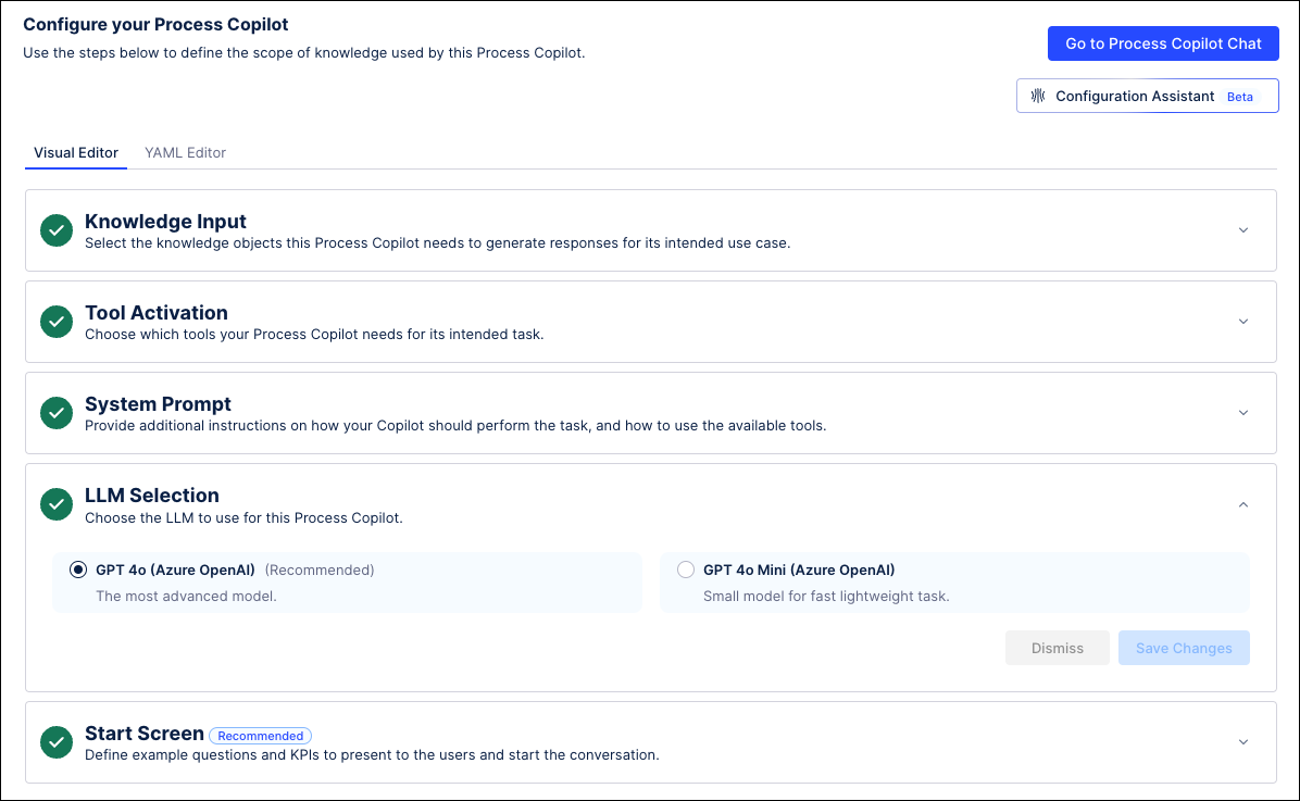 Screenshot showing the LLM Selection options for Process Copilot configuration.