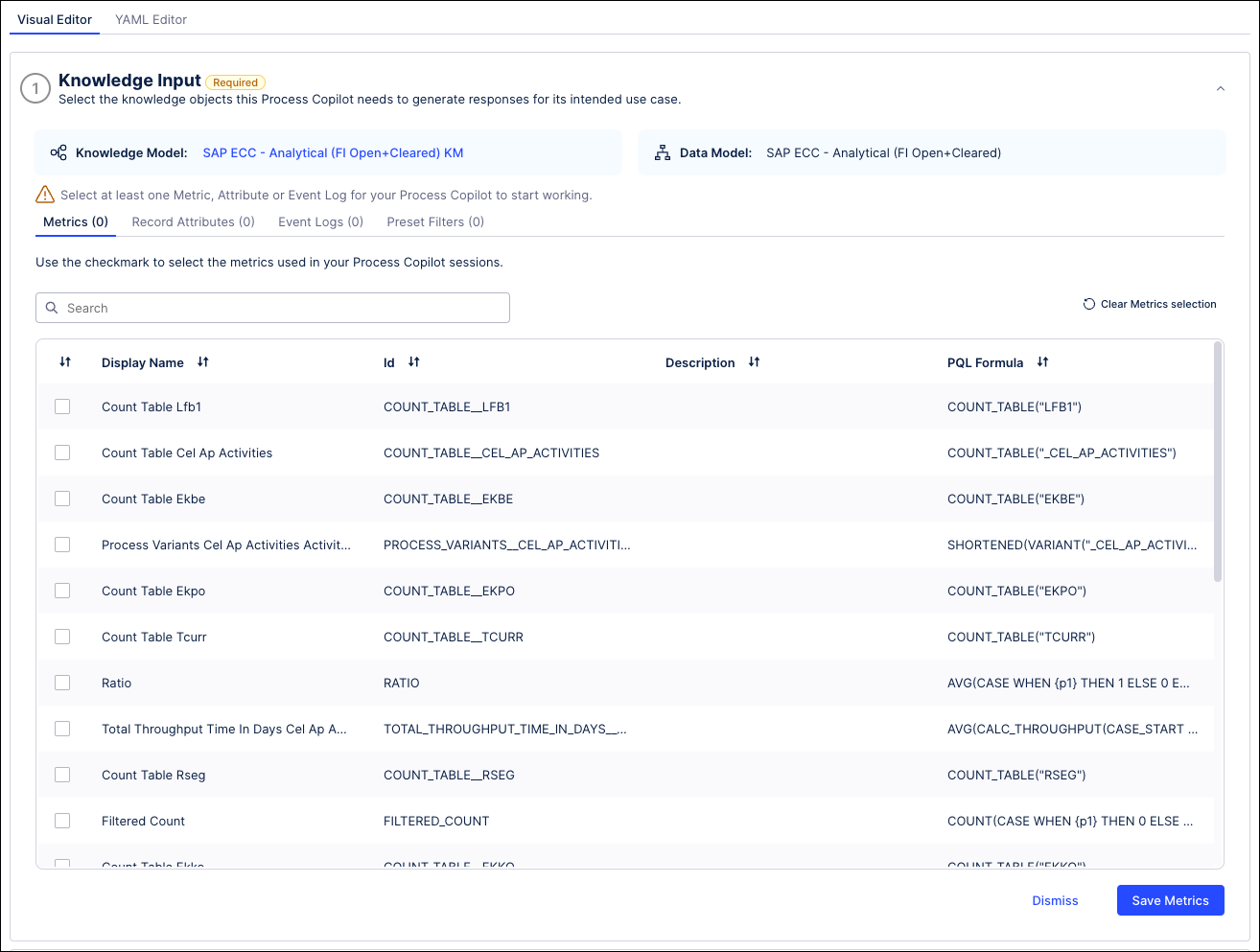 Screenshot showing an example of the metrics available to be added to a Process Copilot configuration.