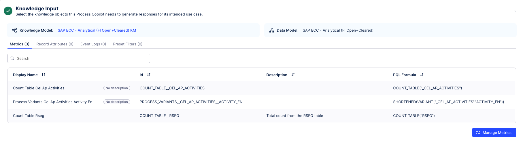 Screenshot showing an example of the Knowledge Input section with metrics selected.