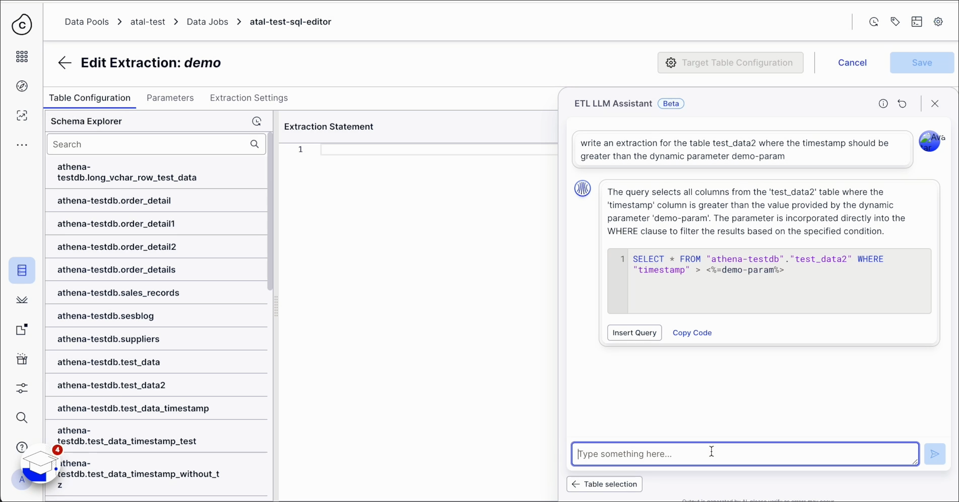 A screenshot showing an example of the AI assistant and SQL editor in the Celonis Platform.