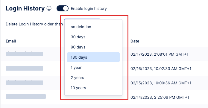 A screenshot showing your options when automatically deleting login history.