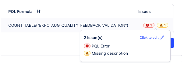 Screenshot showing the issues pop up window on the Metrics tab in a Process Copilot configuration.