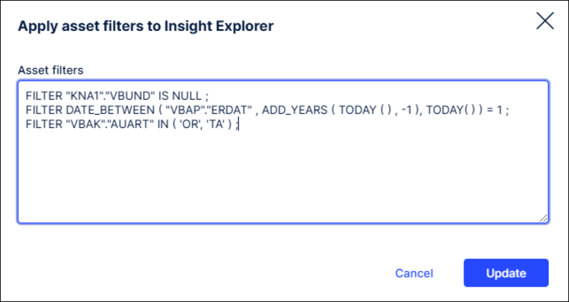 Screenshot showing a sample filter statement in the Asset filters window.