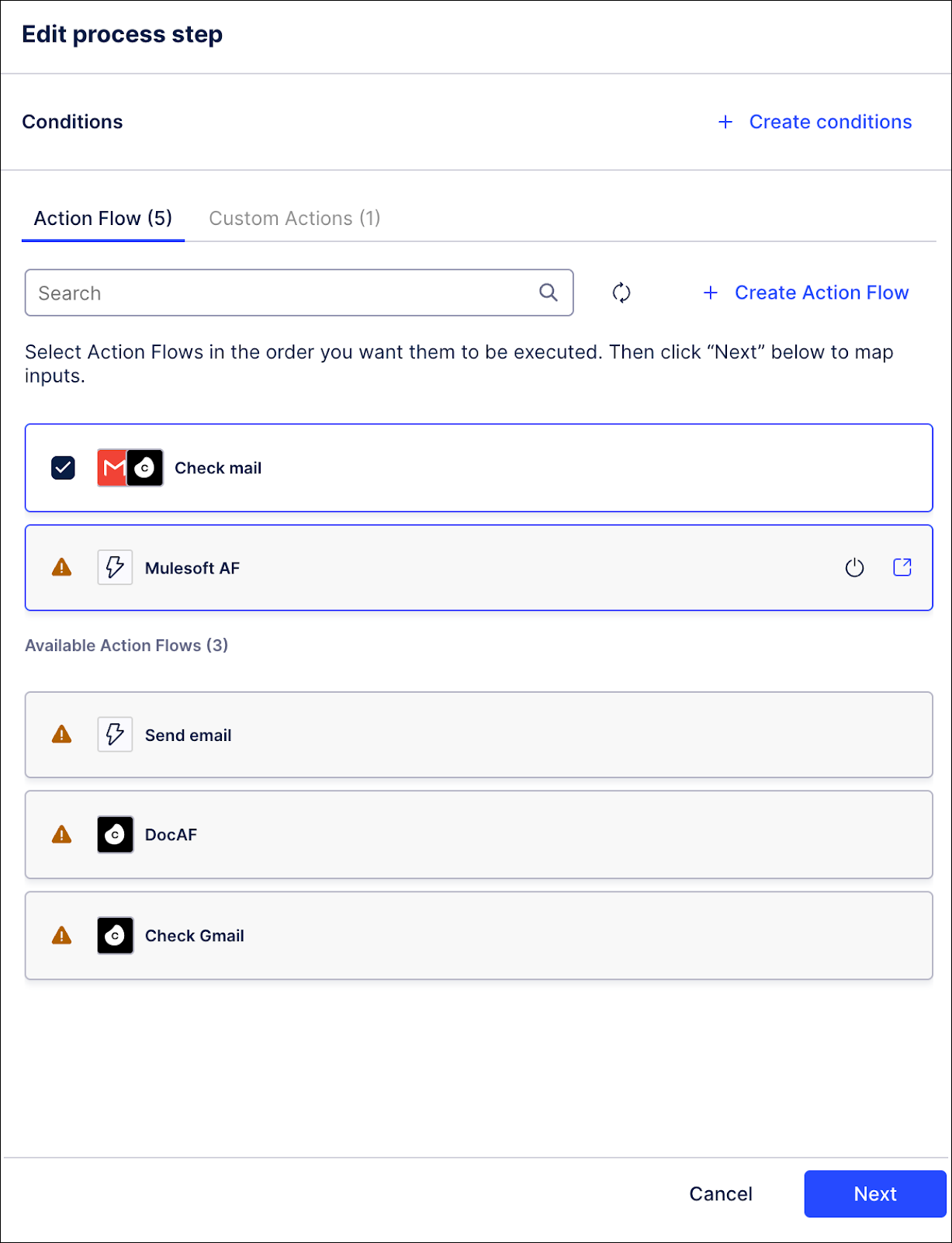 The Edit process step popup windows with a list of Action Flows available for this step.