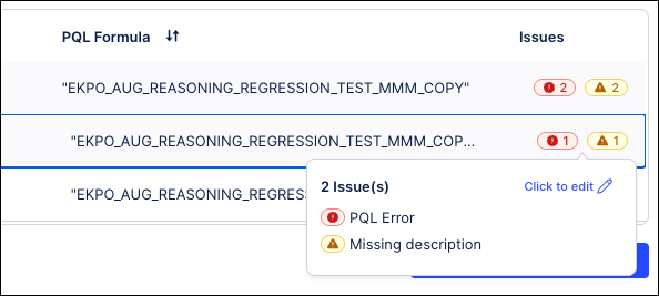 Screenshot showing the issues pop up window on the Attributes tab in a Process Copilot configuration.