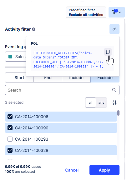 Example of the PQL statements that are generated when an activity filter is applied.