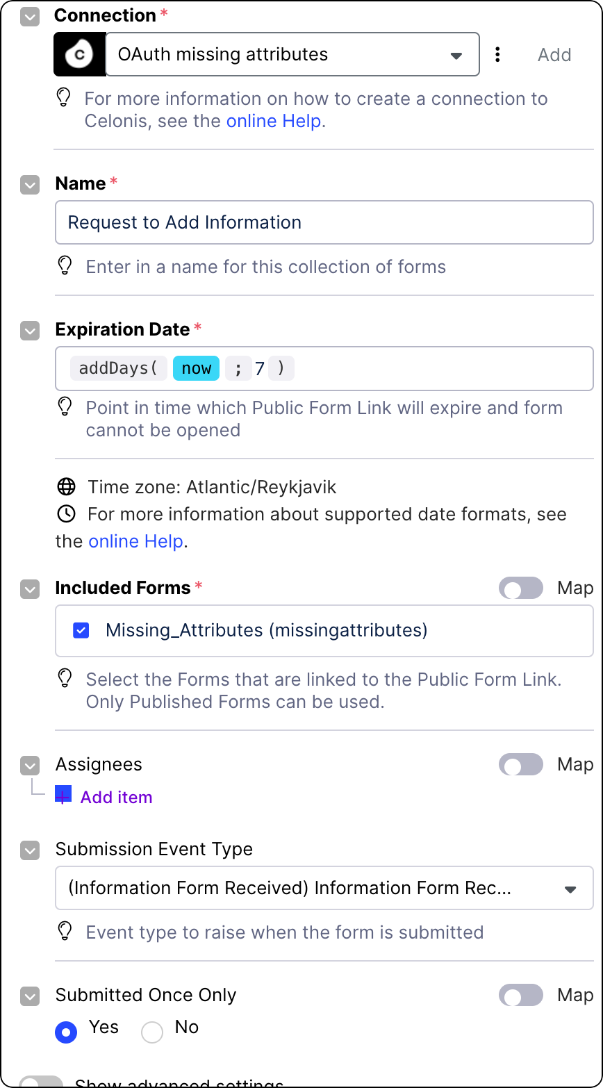 The Create Public Form Link Action Flow module with sample settings.
