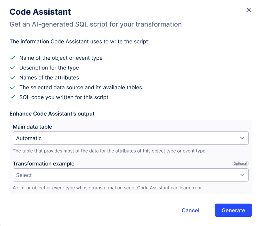 Screenshot showing the Code Assistant window that defines what context will be used by the Transformation Assistant to generate the initial transformation script.
