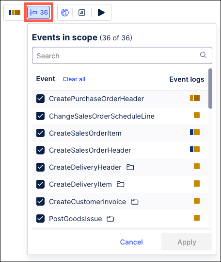 Screenshot showing the new location of the Events menu controls in the process graph.