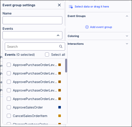Screenshot showing how to select events for a an event group.