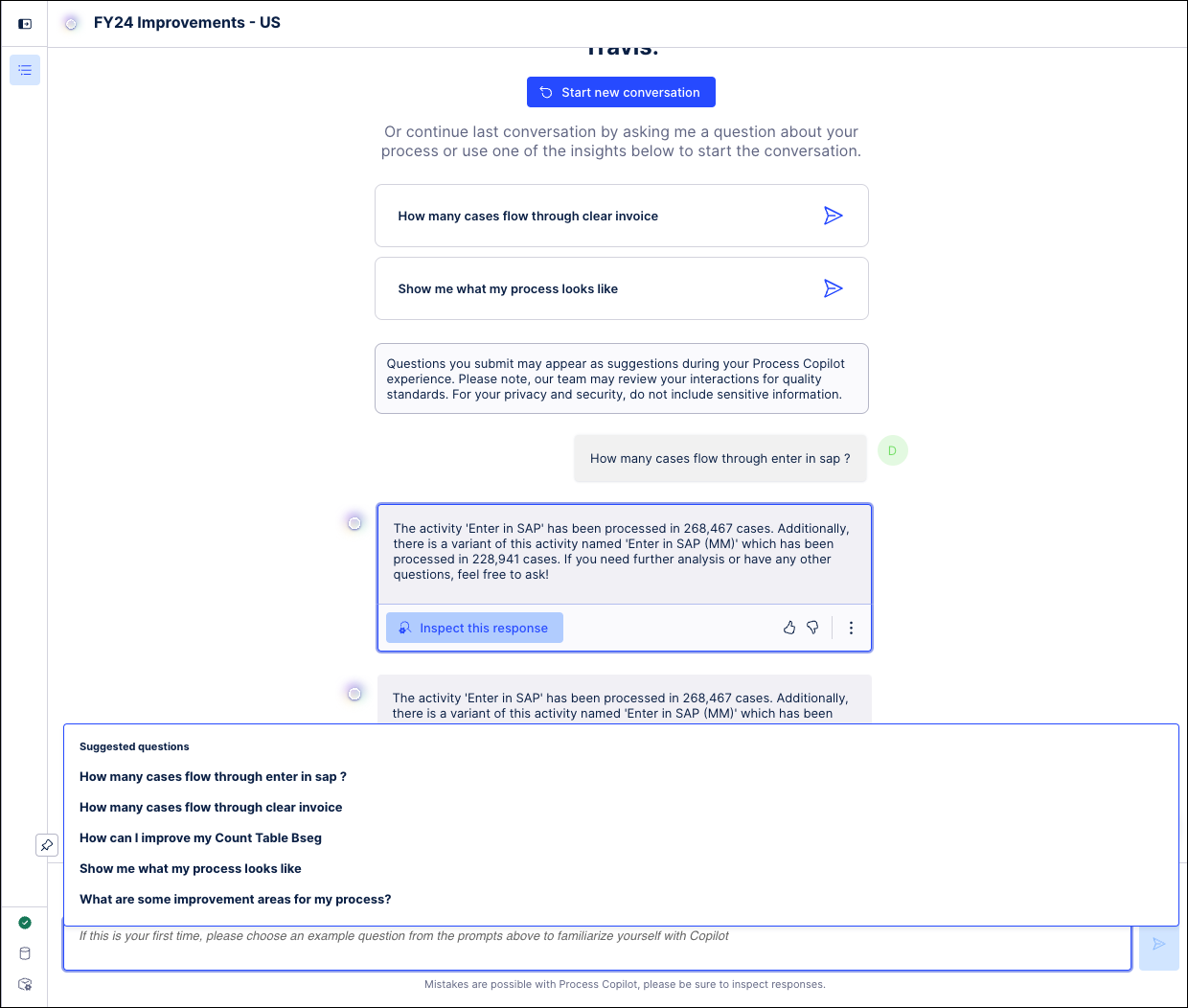 Screenshot of a Process Copilot showing examples of the suggested questions available.