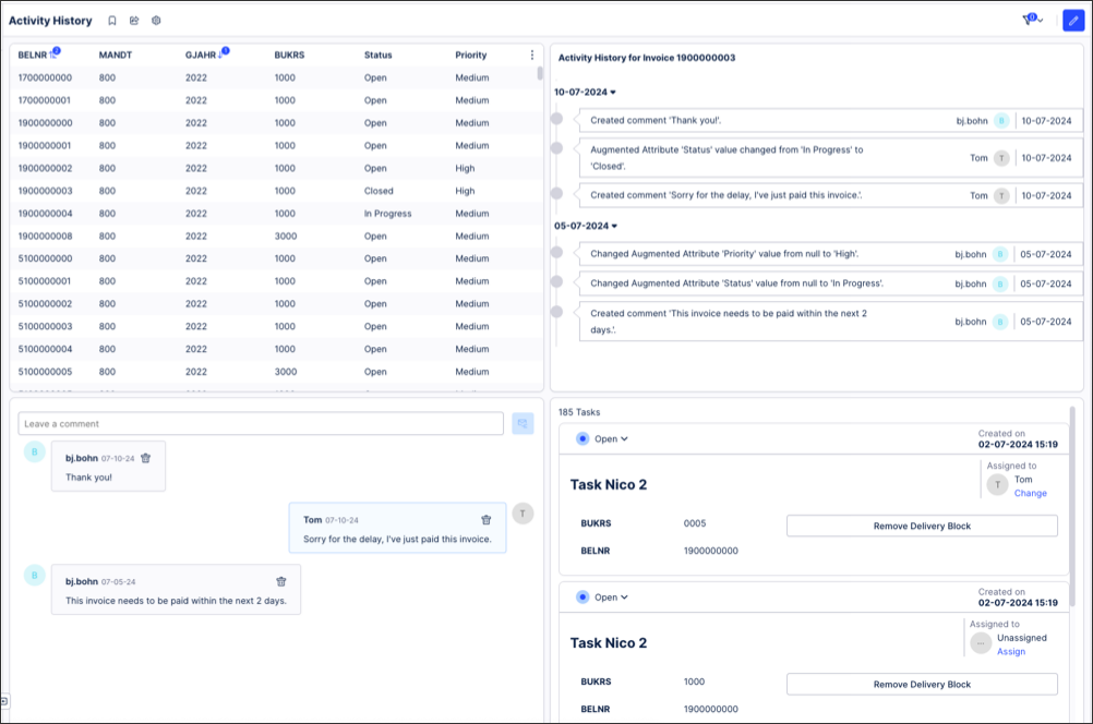 This activity history component could then be combined with other components, such as the related table, comments, and tasks: