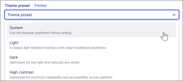 Screenshot showing the four different theme preset options