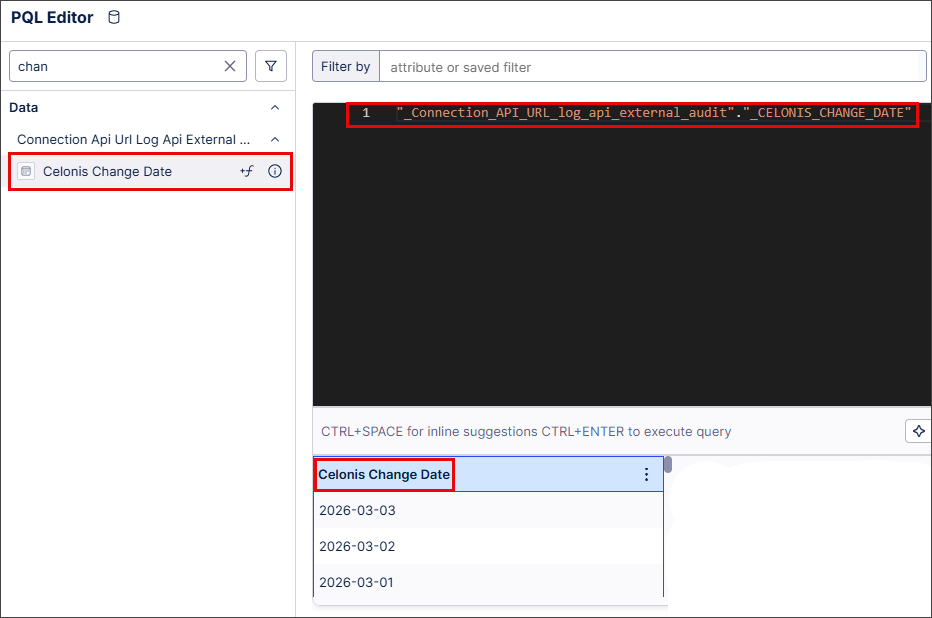 Screenshot showing the former functionality where the PQL expression was added by clicking anywhere in the entity row.