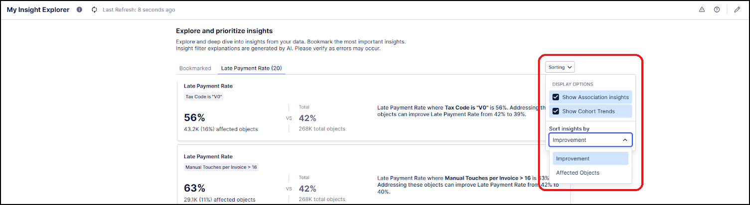 Screenshot showing the options for sorting and filtering insights in the Insight Explorer.