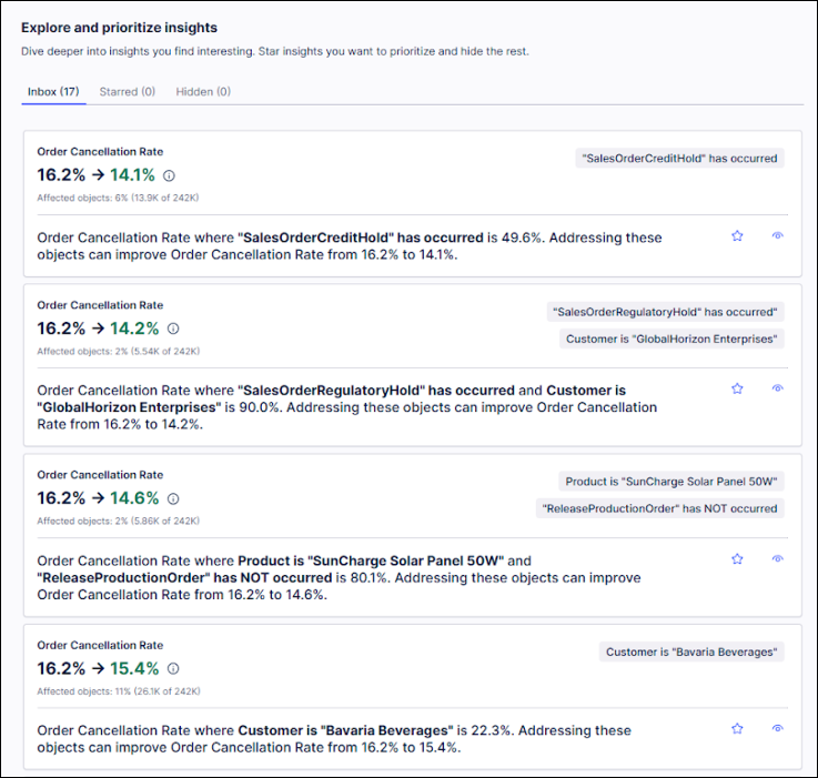 Screenshot showing examples of the types of insight generated by an Insight Explorer.