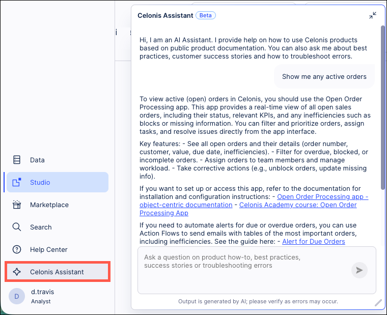Screenshot showing the location of the Celonis Assistant button and an example of a response generated by the assistant.