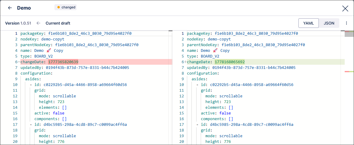 Screenshot showing the line by line differences between the versions being compared.