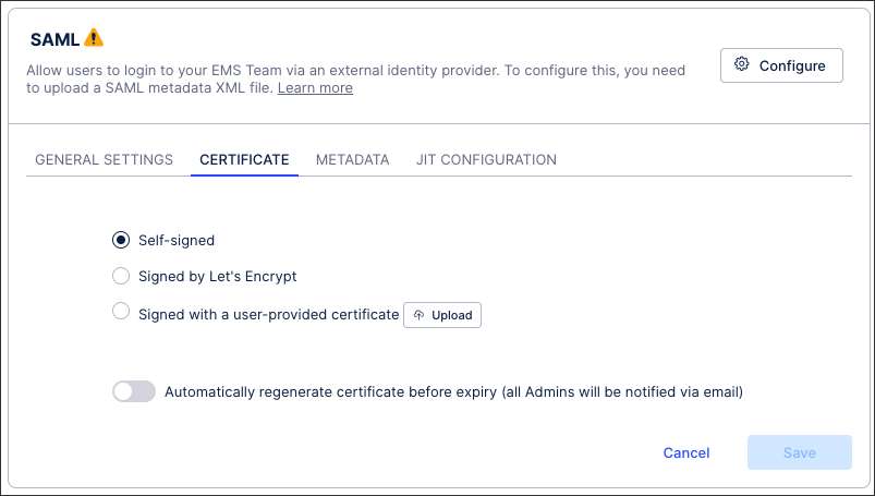 A screenshot showing the certificate management area of SAML SSO configuration.