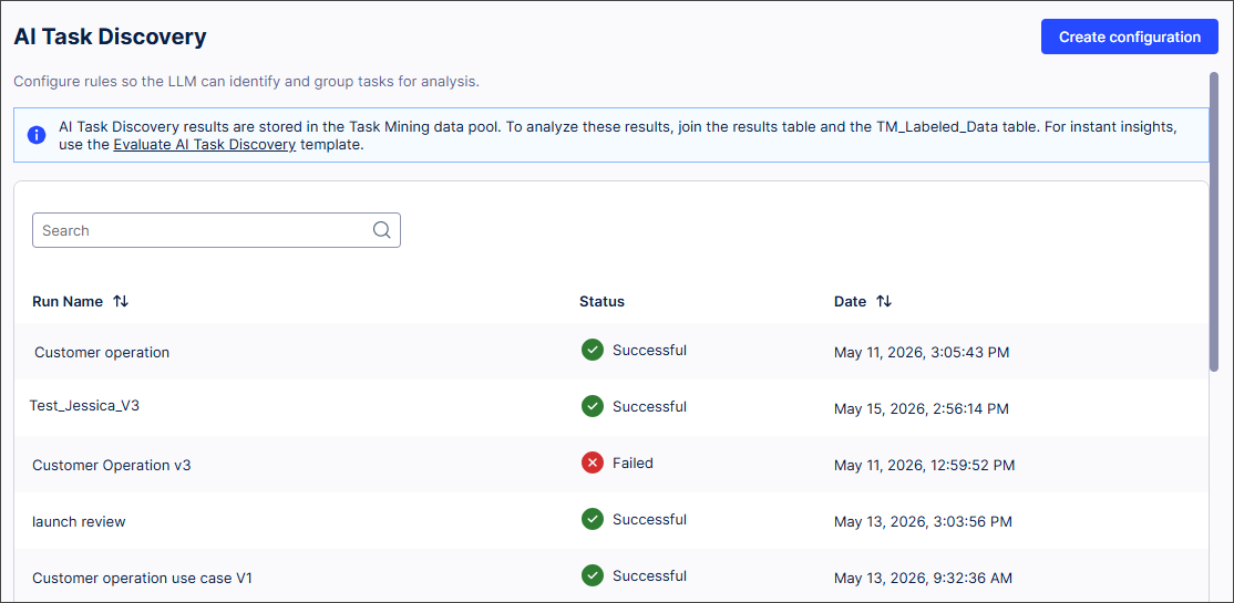 Screenshot showing the AI Task Discovey screen, including some previous runs with their statuses and creation dates.