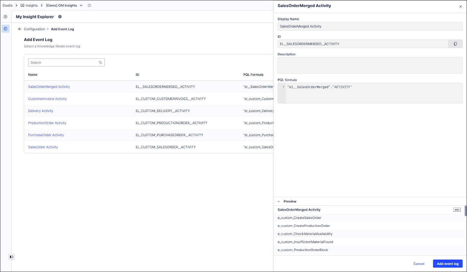 Screenshot showing the Add Event Log window in Insight Explorer.