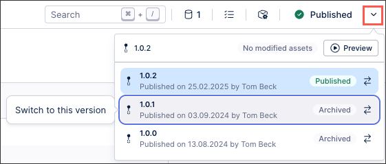 A screenshot showing how to switch to an archived package version within Studio.