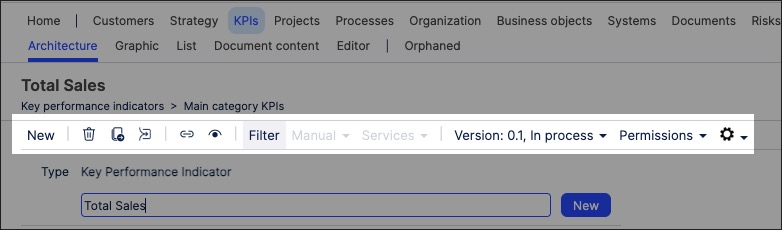 A screenshot showing how to use the toolbar to manage KPIs in Process Designer.
