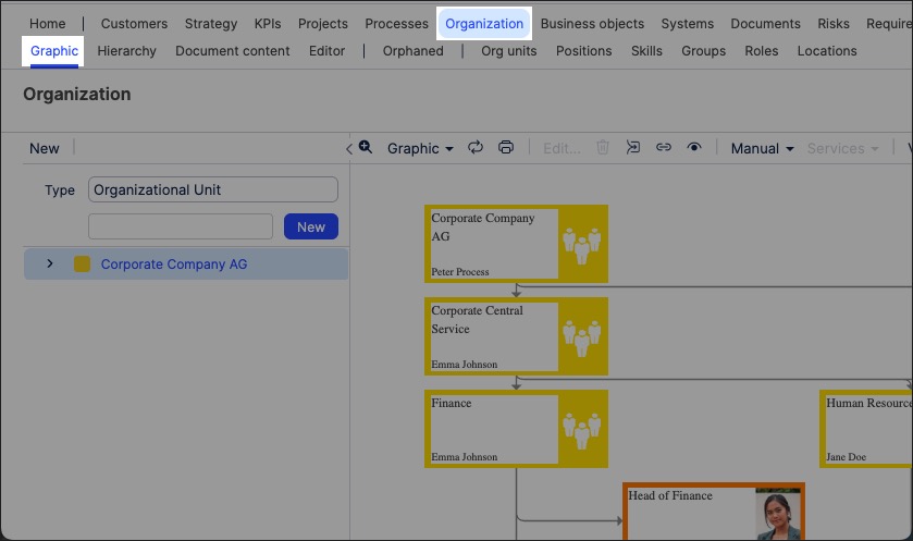 A screenshot showing how to create org charts in Process Designer.