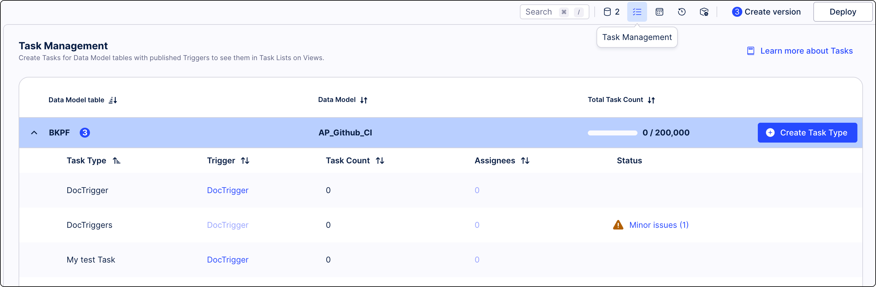 Overview of Task types screen